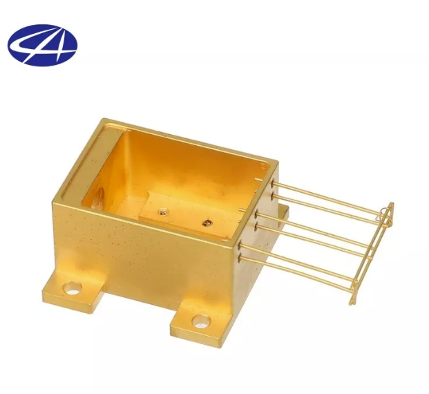 A close-up image of gold plating applied to a surface, showcasing its smooth, shiny, and reflective finish.